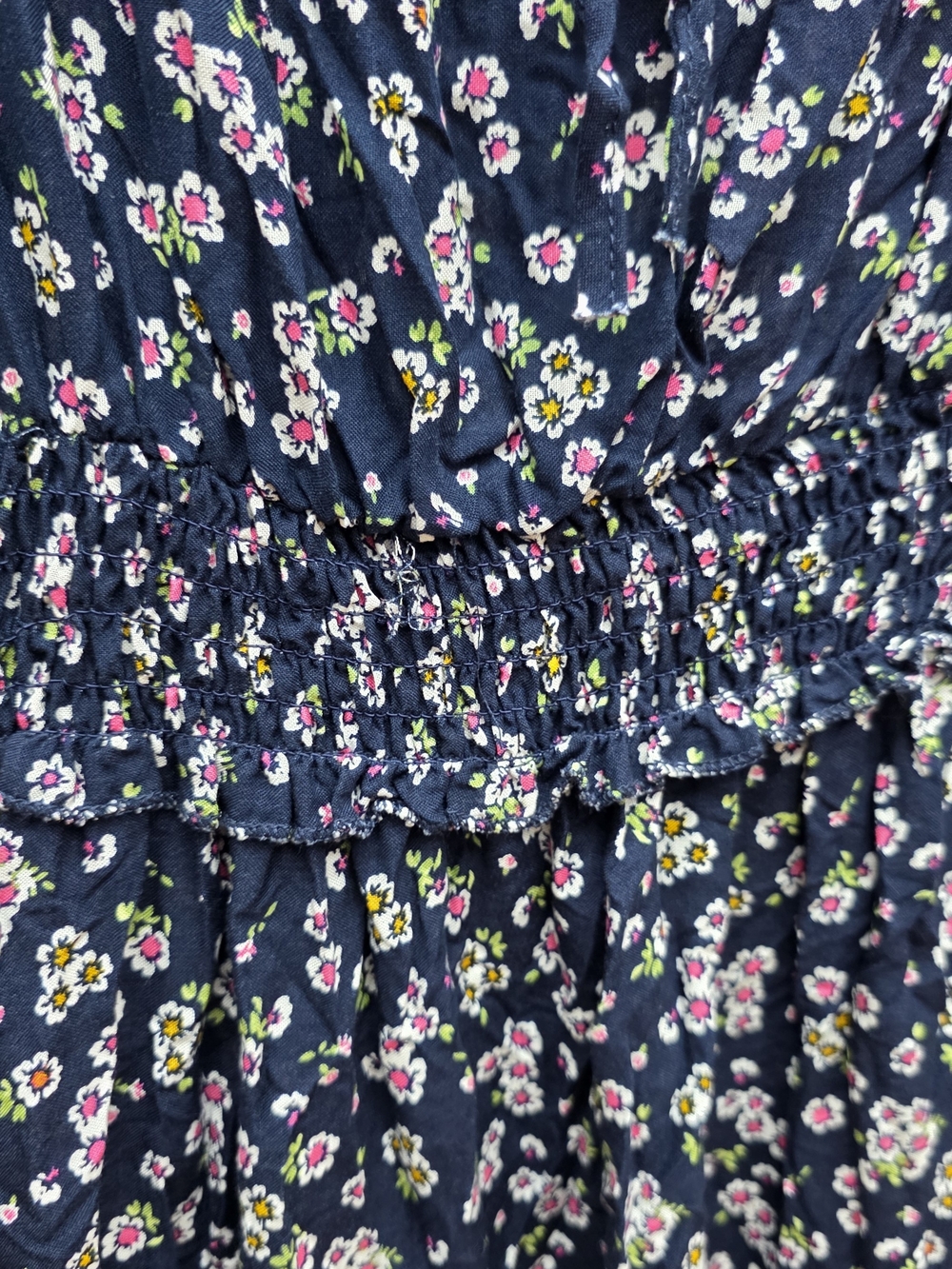 Birch And Stone Smocked Navy Floral Maxi Dress Raw Hem Sz Small - Picture 5 of 9